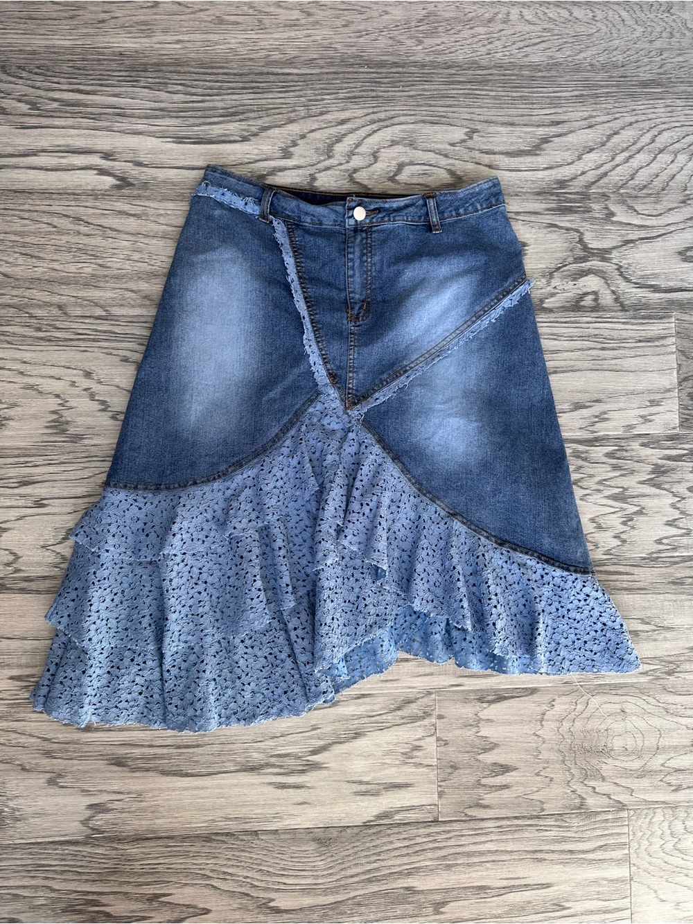 Denim Asymmetrical Eyelet Ruffle Midi Skirt - Blue